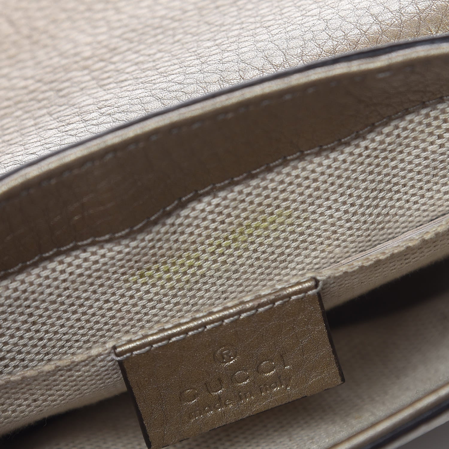 Gucci Metallic Pebbled Calfskin Small Soho Flap Crossbody Golden Beige 12 of 14
