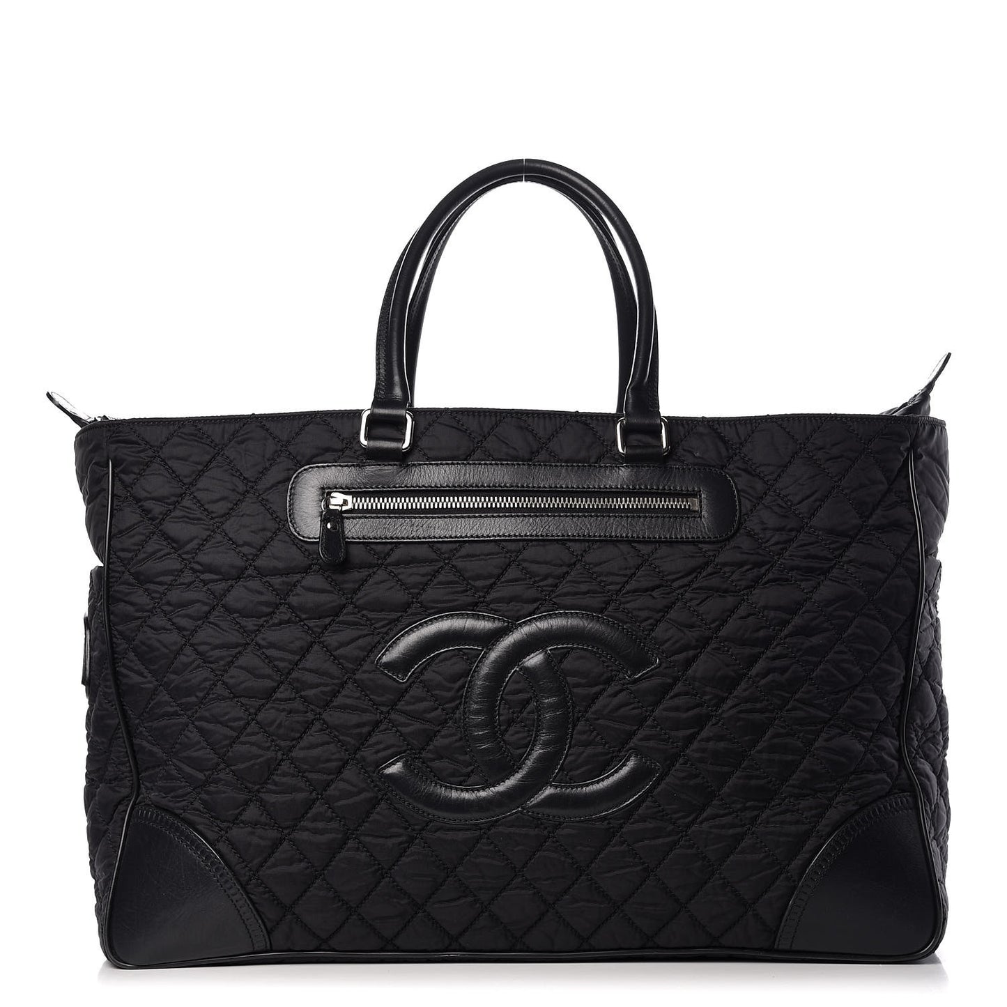 Nylon Quilted Calfskin Large CC Tote Bag Black
