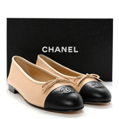 Chanel Lambskin Cap Toe CC Ballerina Flats 39 Beige Black 9 of 9