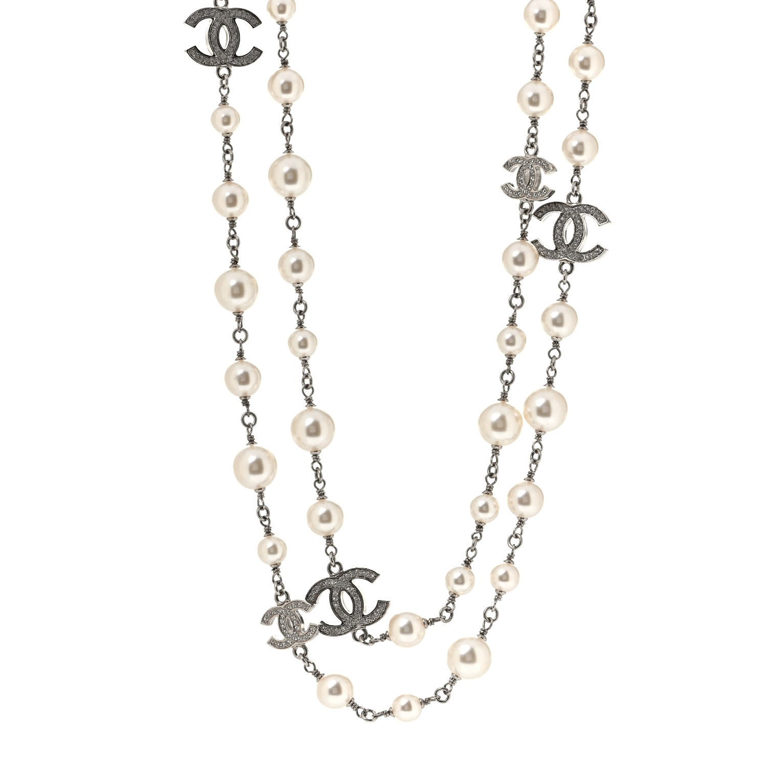 Chanel Crystal Pearl CC Long Necklace Silver 1 of 4