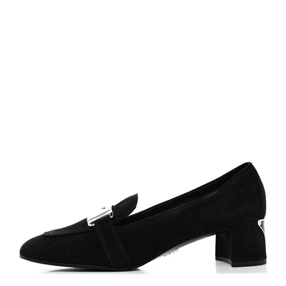 Prada Camoscio Metal Triangle Logo Loafers 37.5 Black 1 of 9
