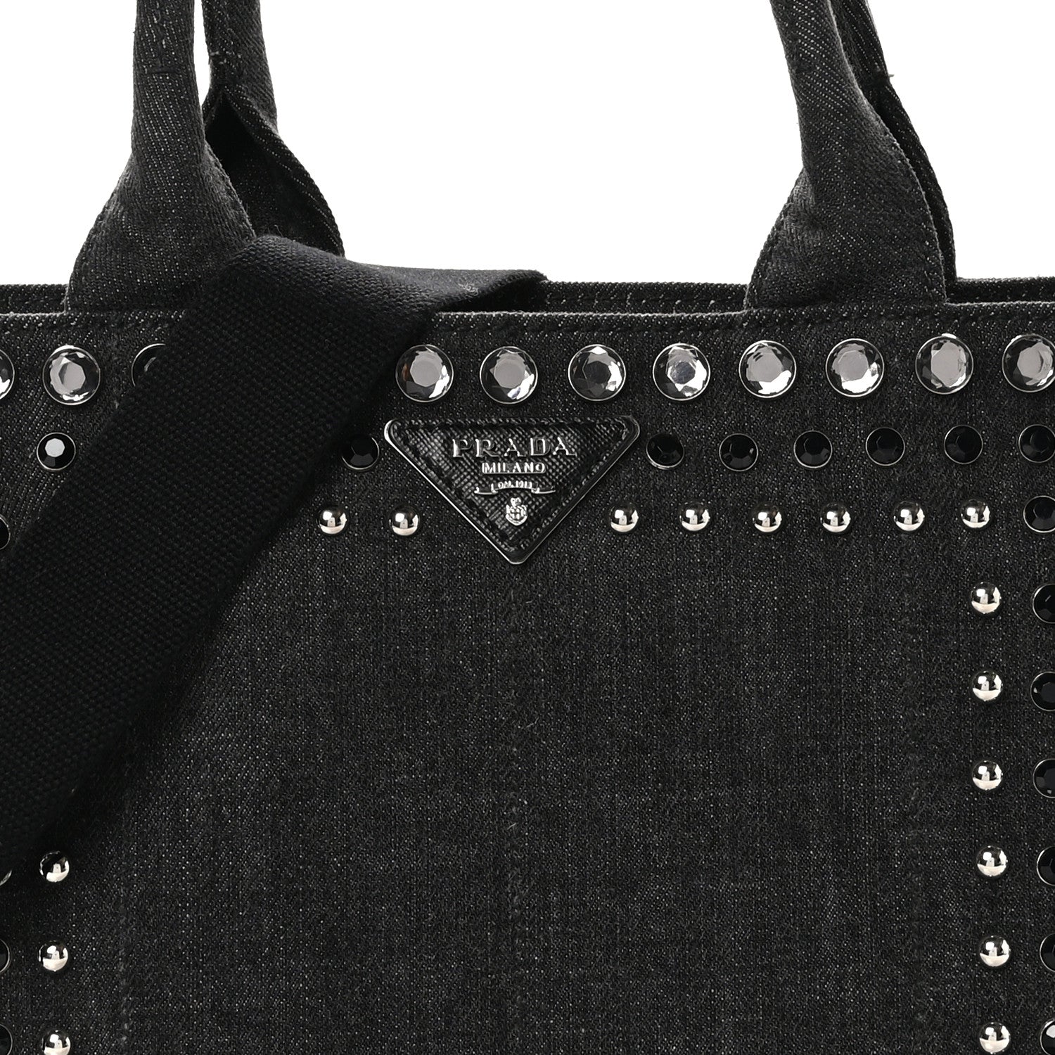 Prada Denim Crystal Studded Small Canapa Tote Black 7 of 9