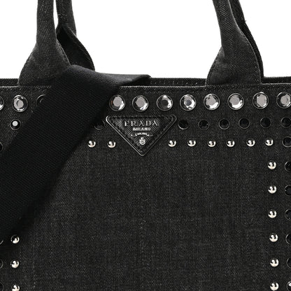 Prada Denim Crystal Studded Small Canapa Tote Black 7 of 9
