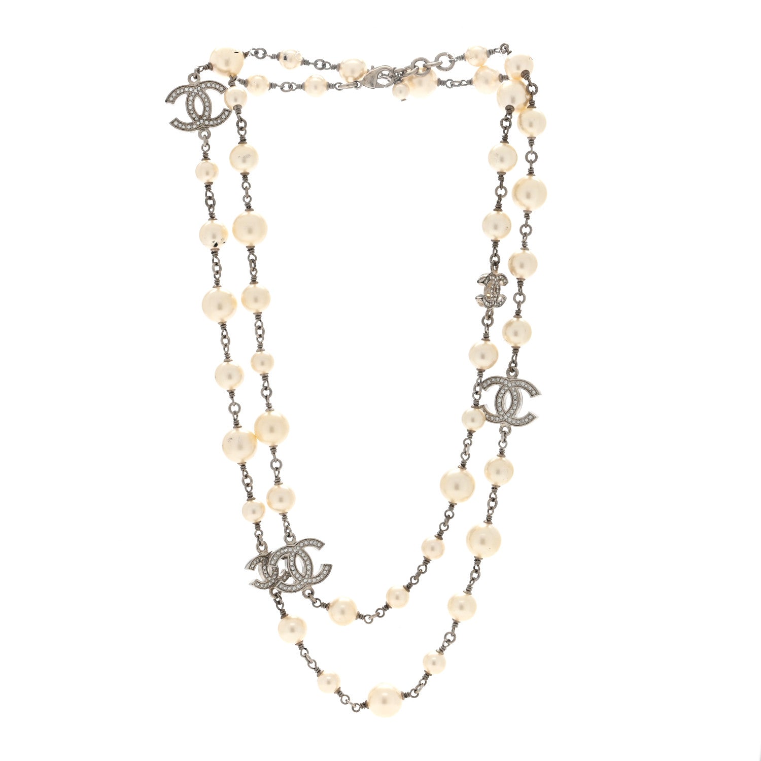 Chanel Graduated Pearl Crystal CC Long Necklace Silver 2 of 5