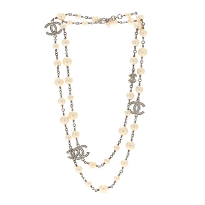 Chanel Graduated Pearl Crystal CC Long Necklace Silver 2 of 5