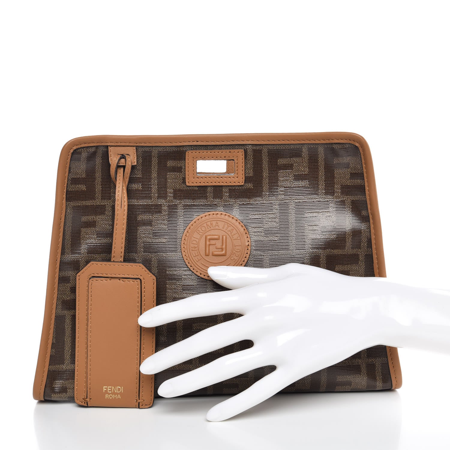 Fendi Glazed Fabric Vitello Century FF 1974 Stamp Patch Mini Peekaboo Defender Cover Mogano Panna Caramello 2 of 9