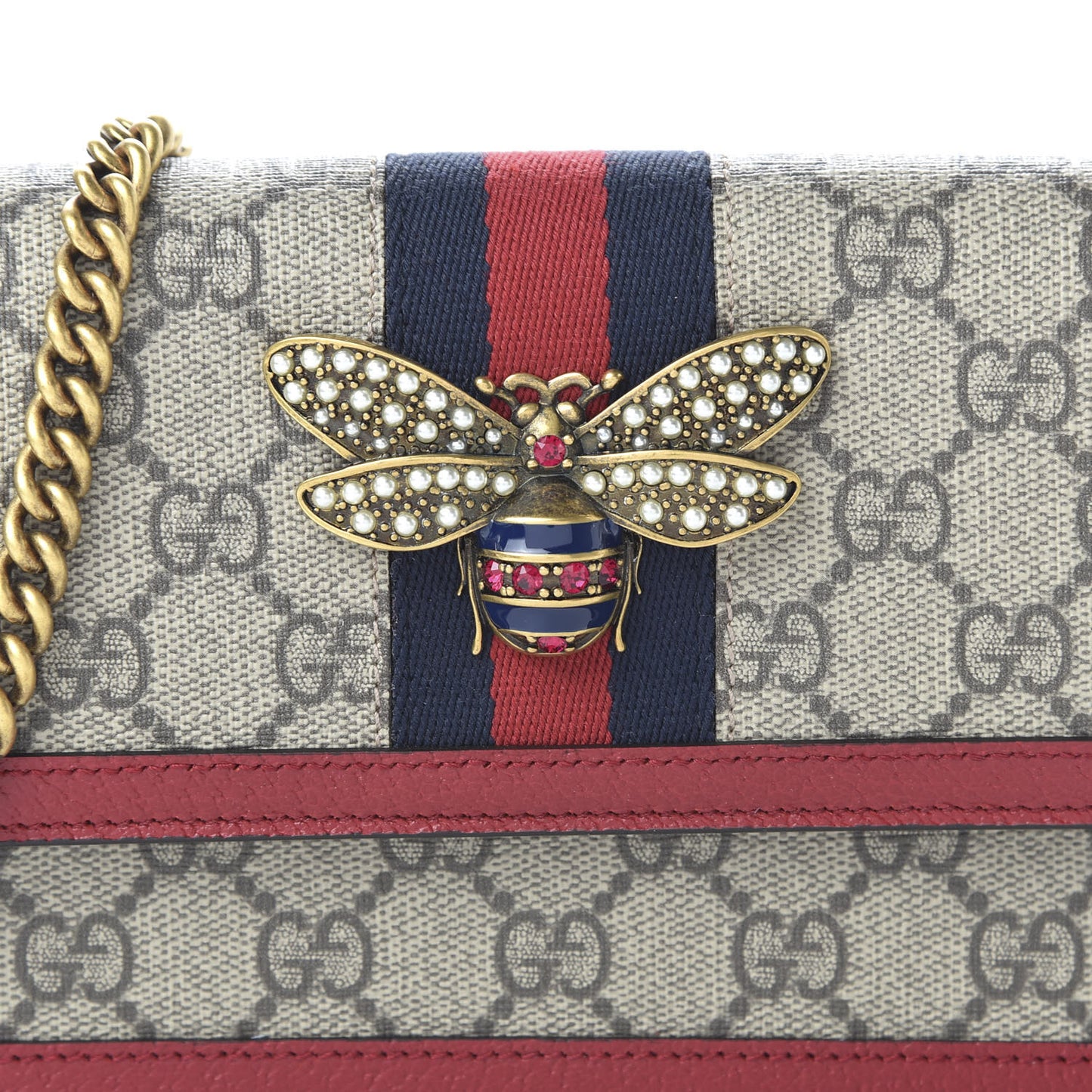 GG Supreme Monogram Web Queen Margaret Chain Wallet Red