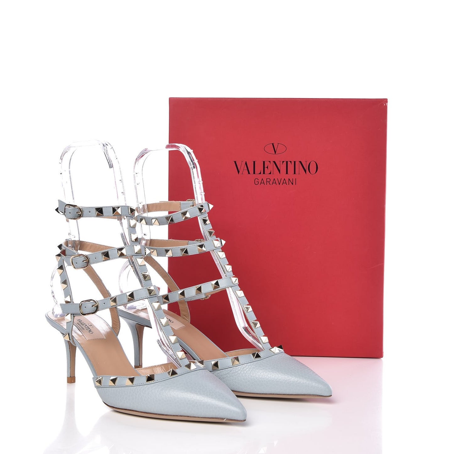 Pebbled Calfskin Rockstud Ankle Strap 65mm Pumps 39.5 Sky Sorbet