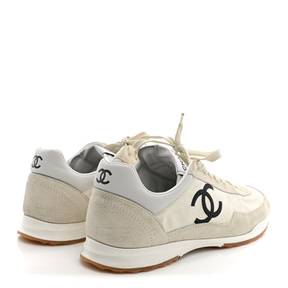 Chanel Fabric Embossed Suede Calfskin Womens CC Sneakers 37.5 White Black 5 of 11