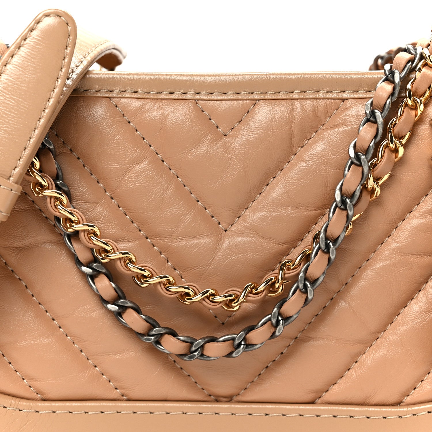 Chanel Aged Calfskin Chevron Quilted Small Gabrielle Hobo Beige