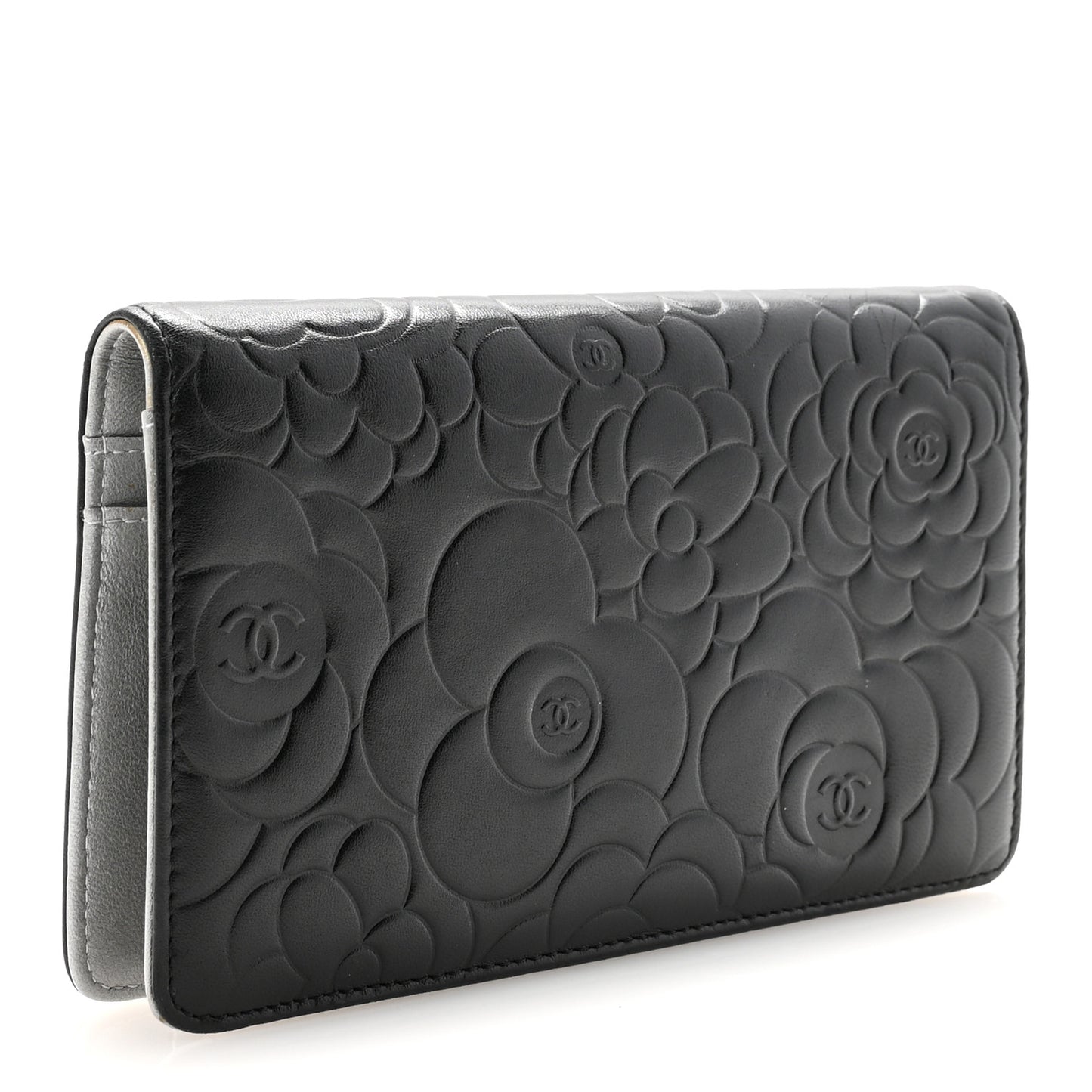 Lambskin Camellia Embossed Yen Wallet Black