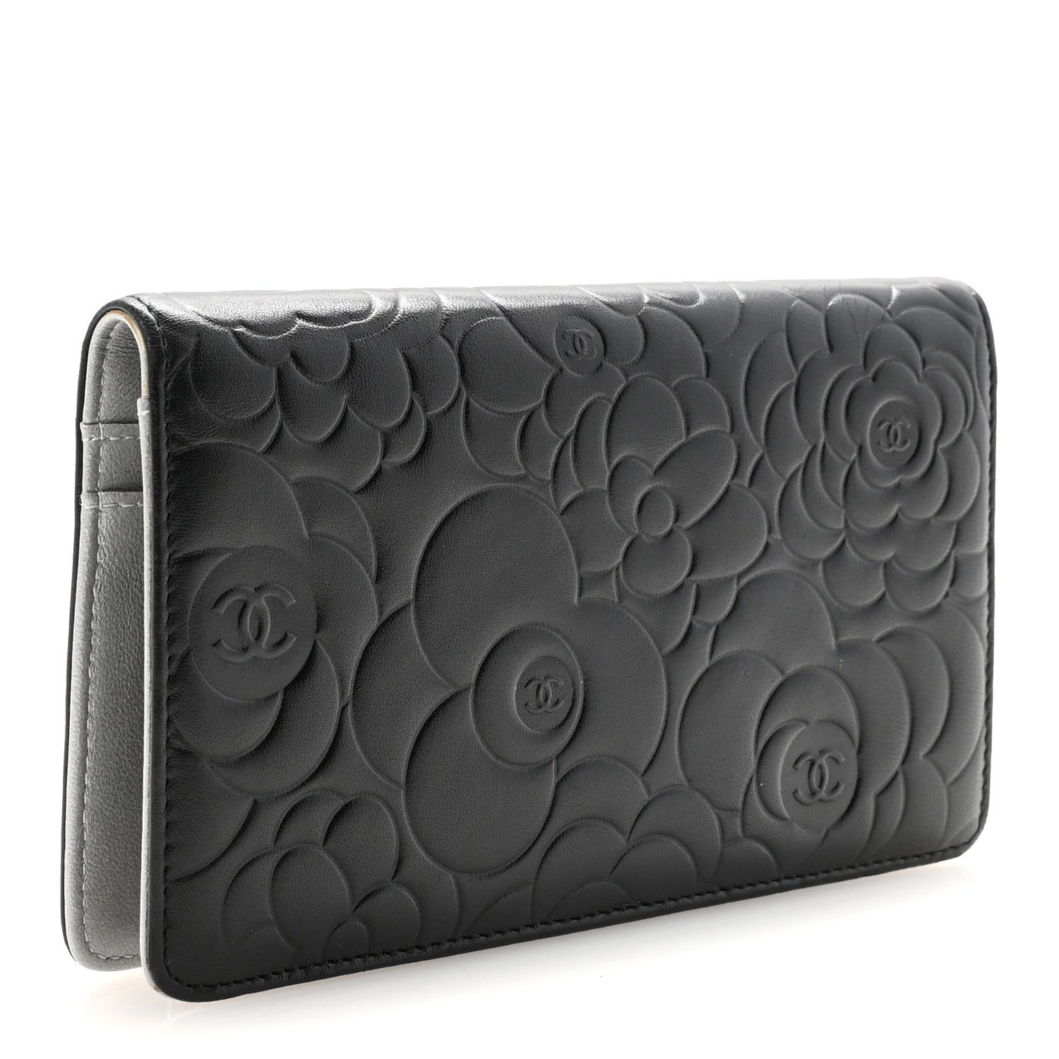 Chanel Lambskin Camellia Embossed Yen Wallet Black 3 of 7