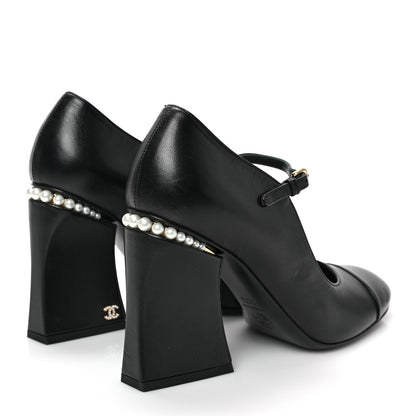 Chanel Shiny Goatskin Pearls Cap Toe Open Slingback Pumps 39.5 Black 4 of 8