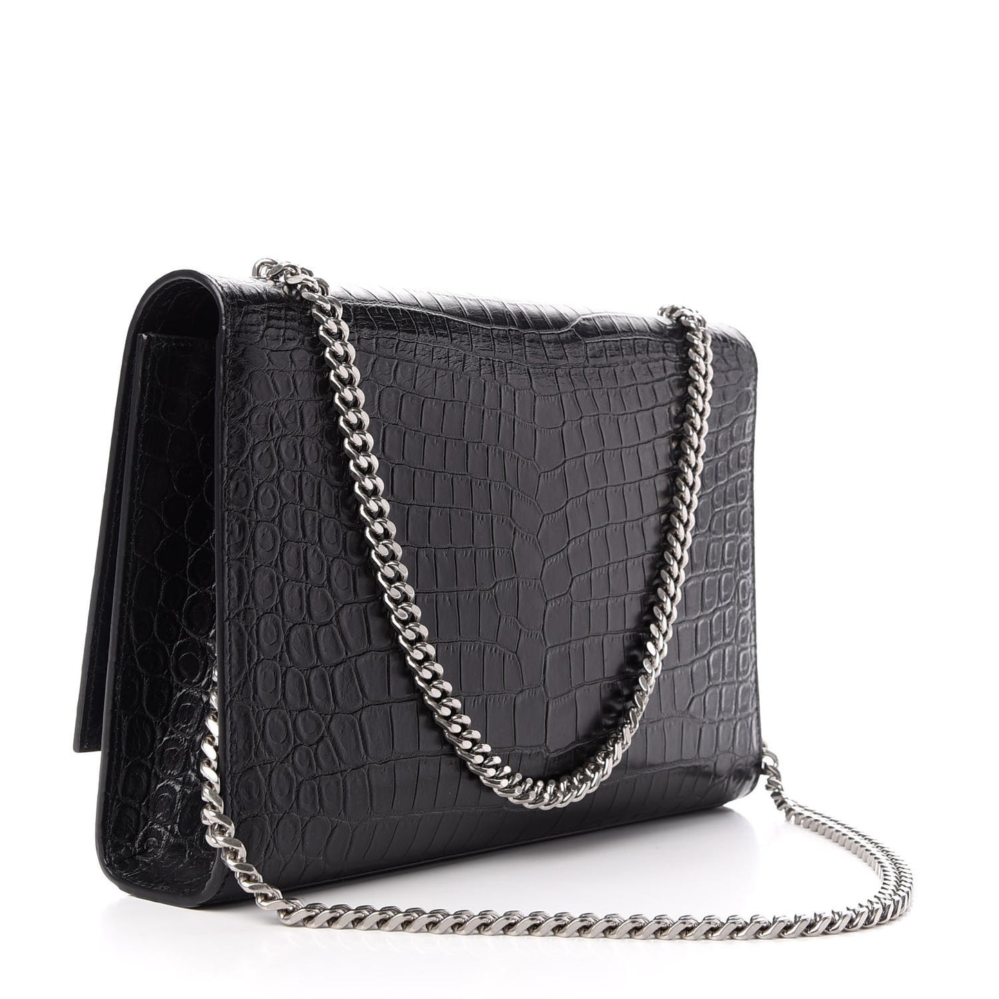 Calfskin Crocodile Embossed Large Classic Monogram Kate Satchel Black