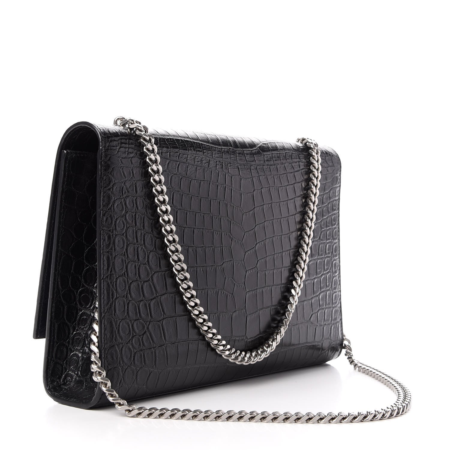 Saint Laurent Calfskin Crocodile Embossed Large Classic Monogram Kate Satchel Black 3 of 9