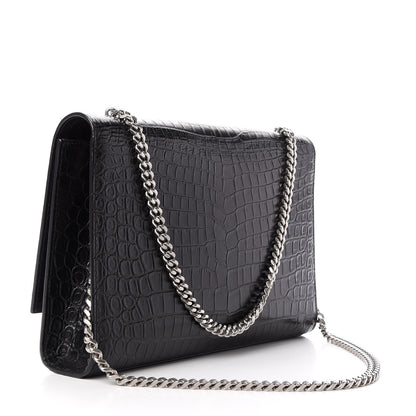 Saint Laurent Calfskin Crocodile Embossed Large Classic Monogram Kate Satchel Black 3 of 9