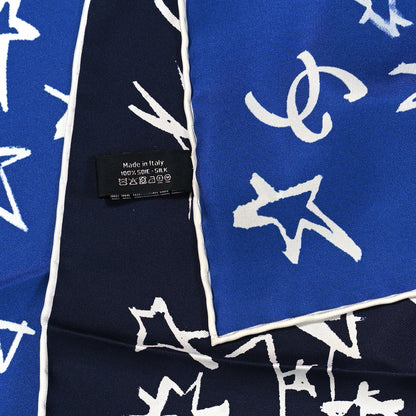 Chanel Silk Star Square Scarf Navy Blue White Blue 4 of 4