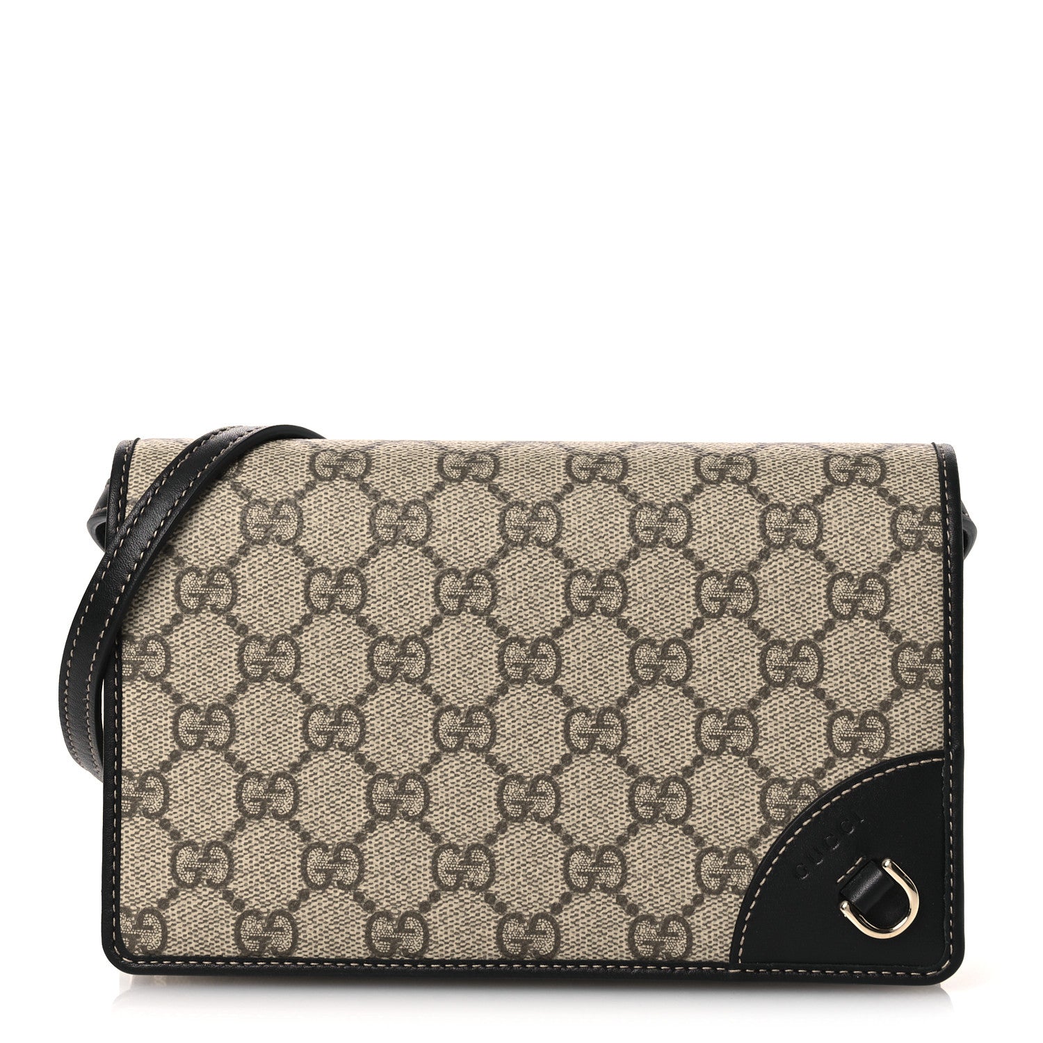 Gucci GG Emblem Monogram Wallet With Strap Beige Ebony Black 1 of 11