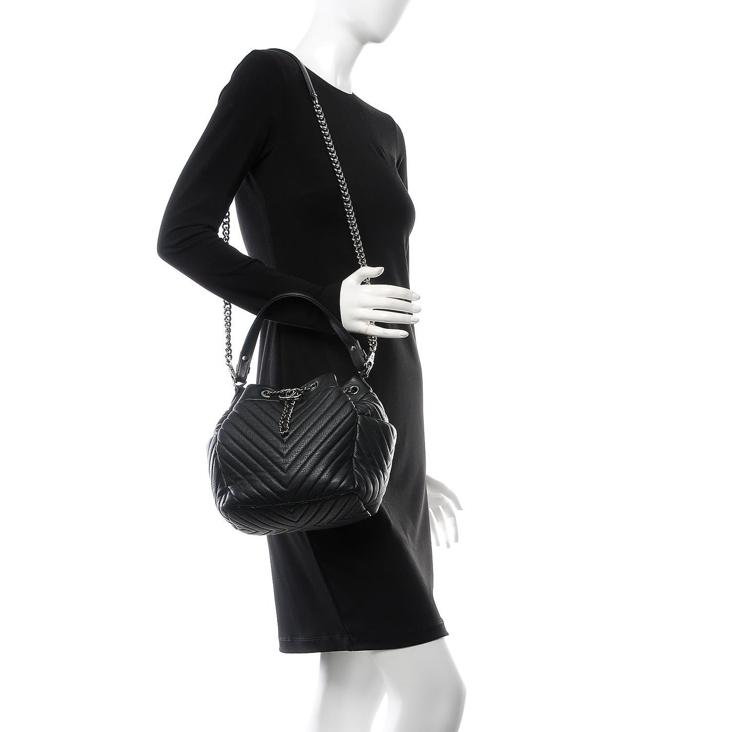 Deerskin Chevron Small CC Chain Bucket Bag Black