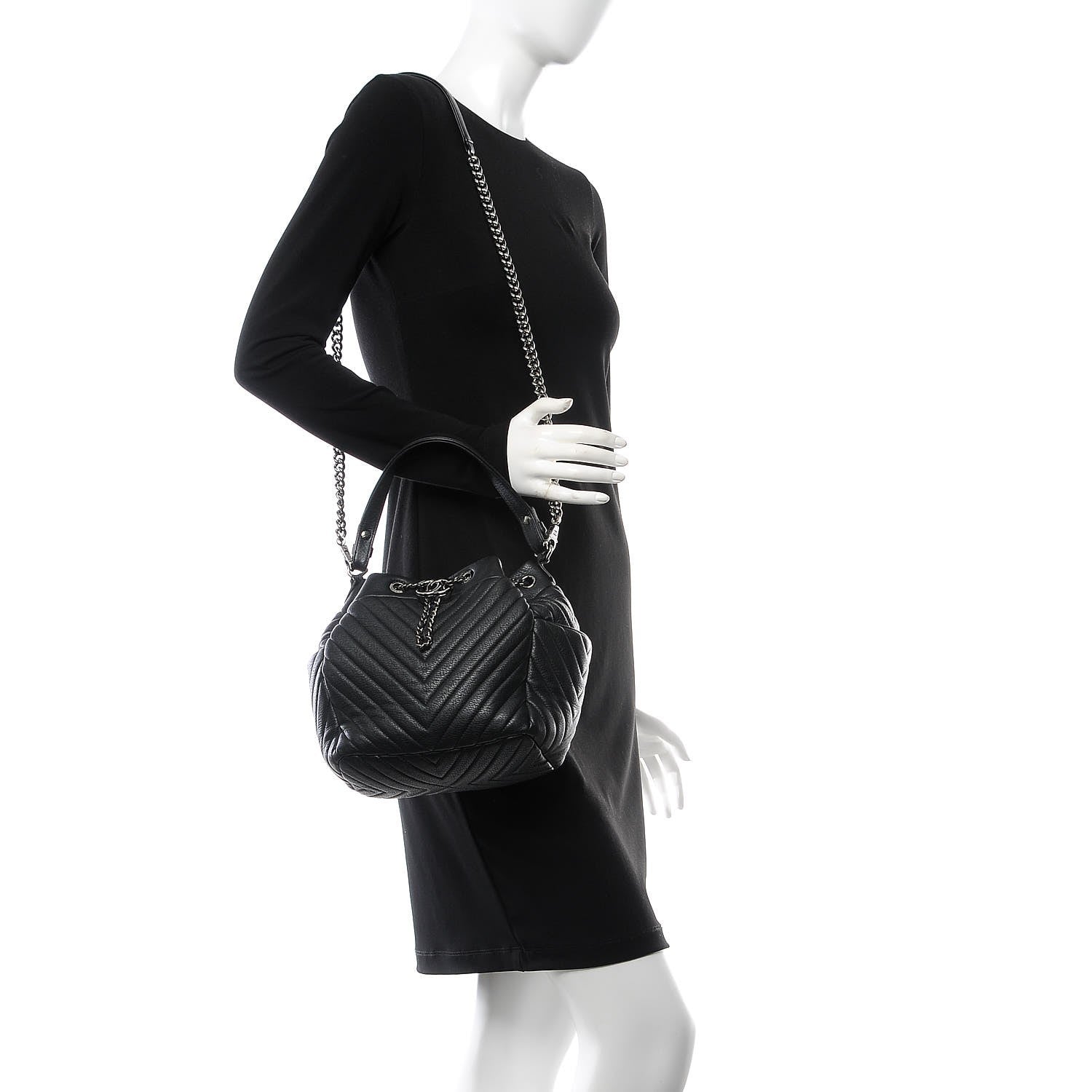 Chanel Deerskin Chevron Small CC Chain Bucket Bag Black 2 of 7