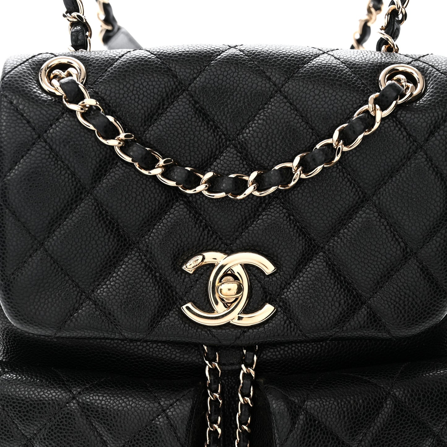 Shiny Caviar Quilted Medium Duma Pockets Drawstring Backpack Black