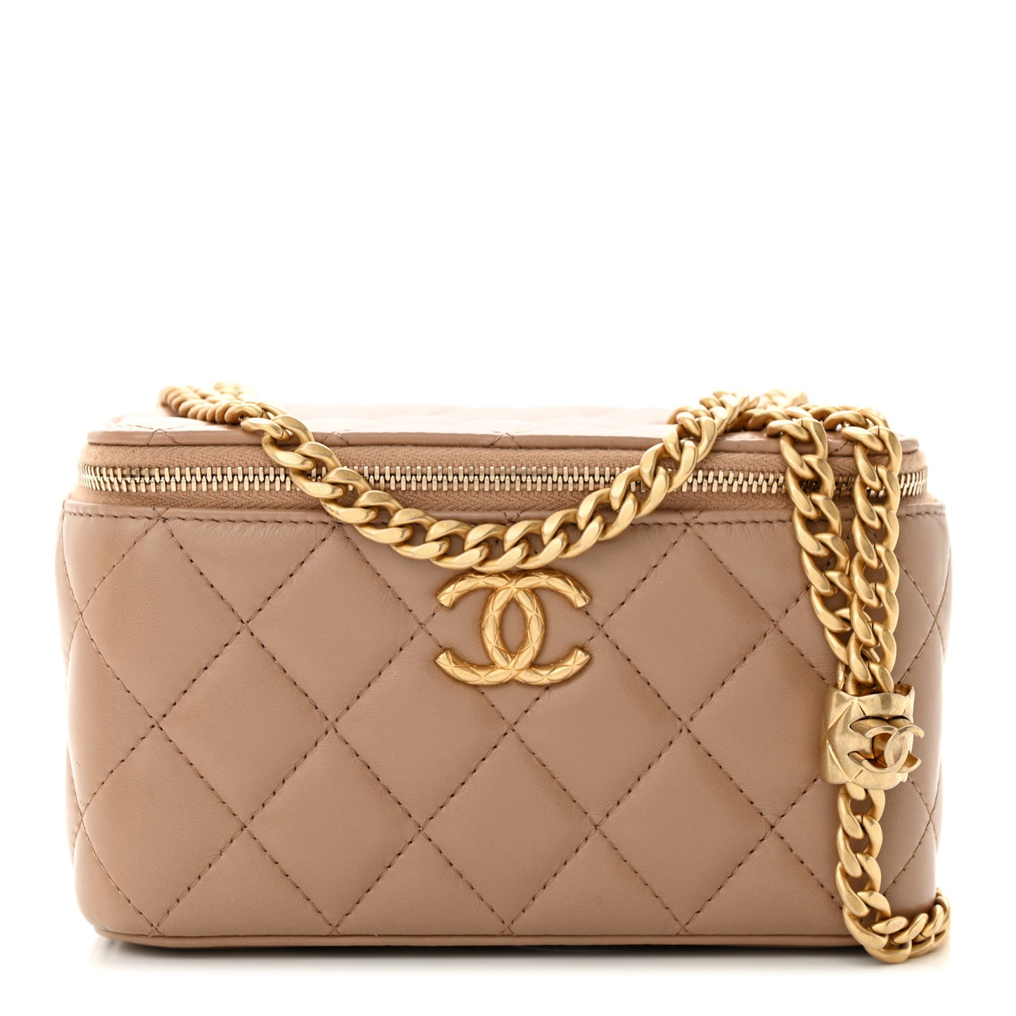 Lambskin Quilted Small Pillow Crush Vanity Case With Chain Beige