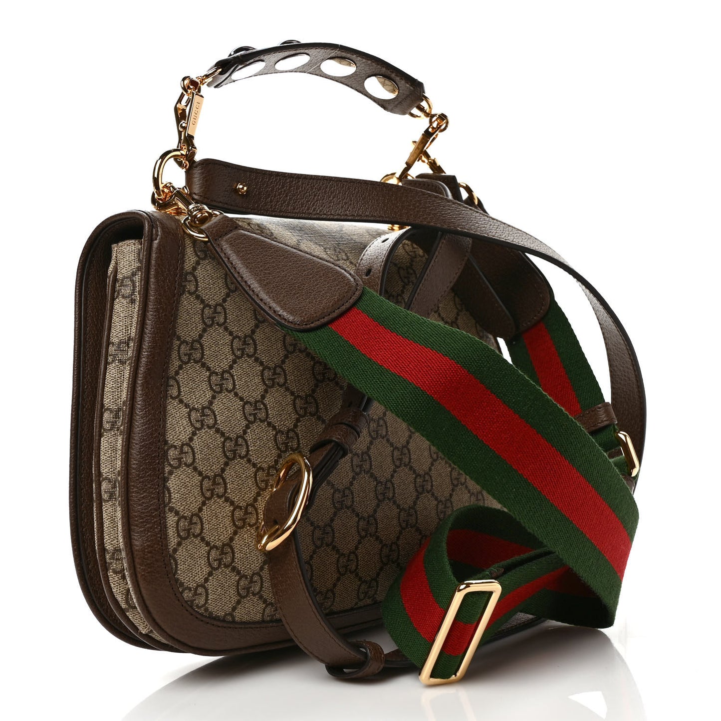 GG Supreme Monogram Textured Dollar Calfskin Web Medium Blondie Top Handle Shoulder Flap Bag Beige Ebony New Acero
