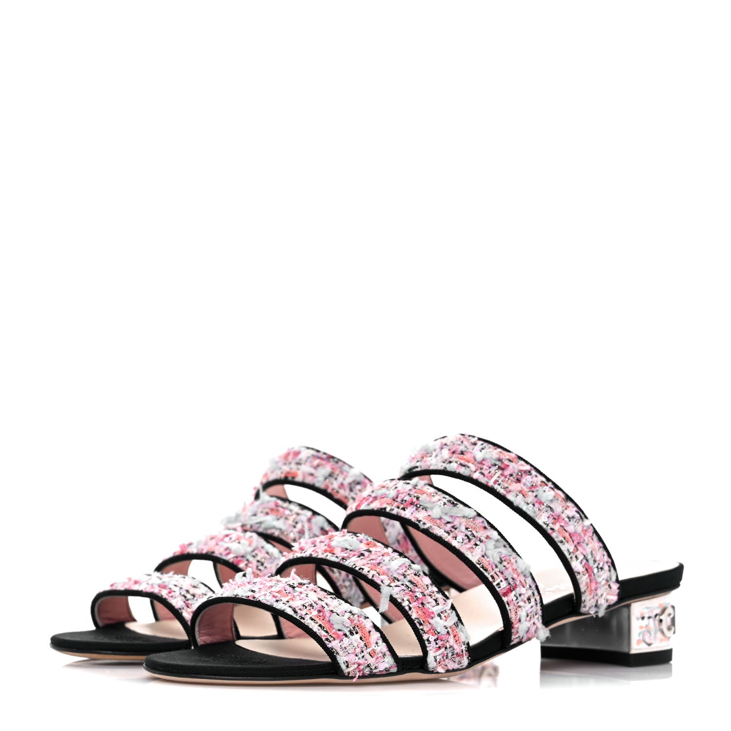 Chanel Tweed Grosgrain Sandals 37 Black Blue Pink 3 of 10