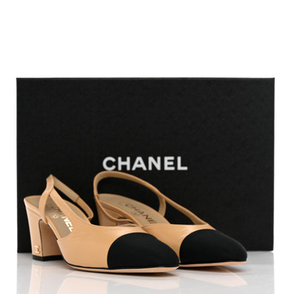 Chanel Goatskin Grosgrain Cap Toe CC Slingback Pumps 36 Beige Black 9 of 9