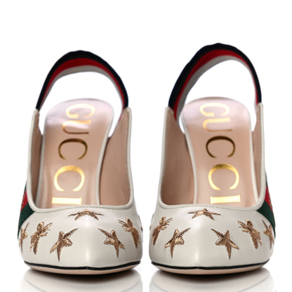 Gucci Malaga Kid Web Bee Star Embroidered Sylvie High Heel Slingback Pumps 35 White 2 of 14