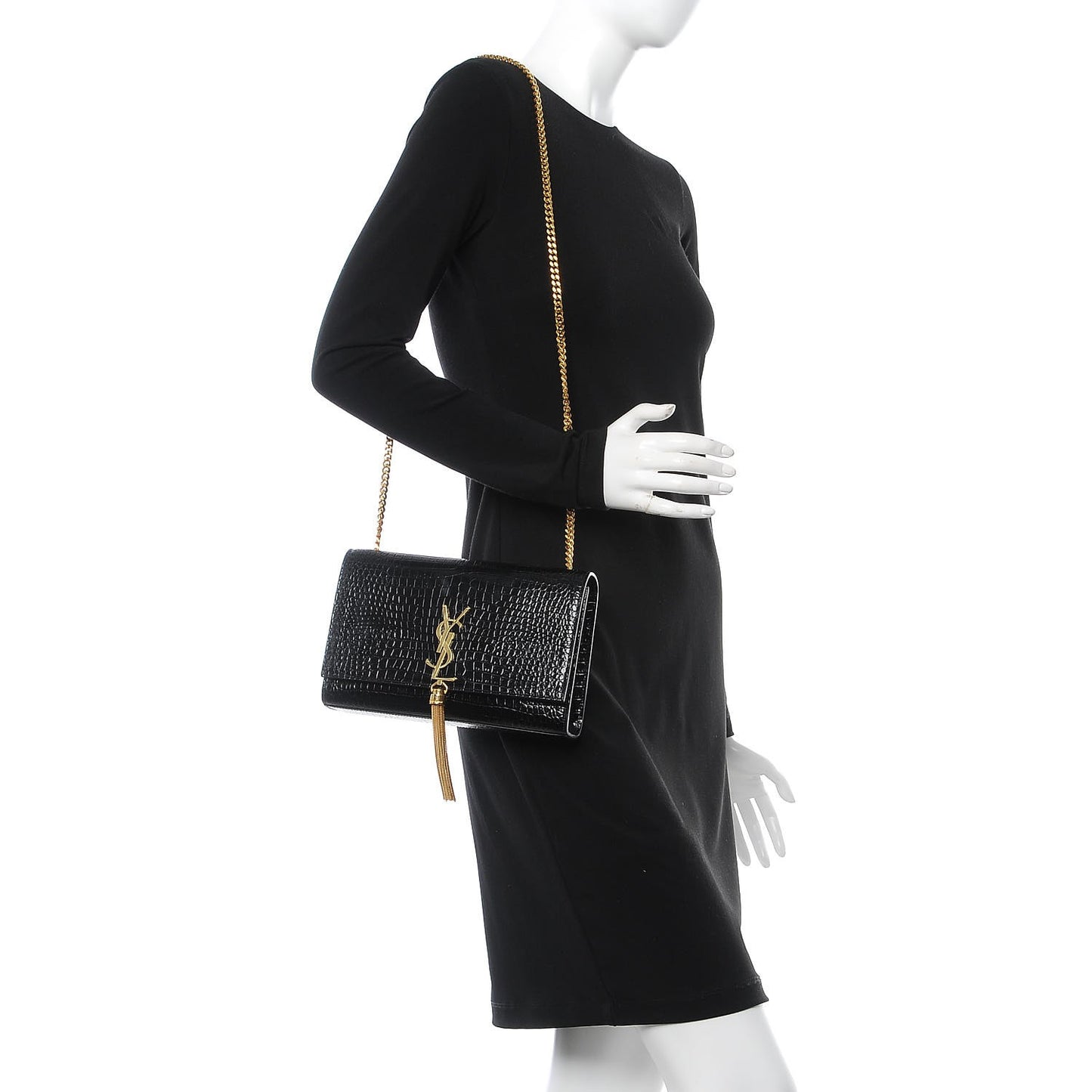 Calfskin Crocodile Embossed Medium Classic Monogram Kate Tassel Satchel Black