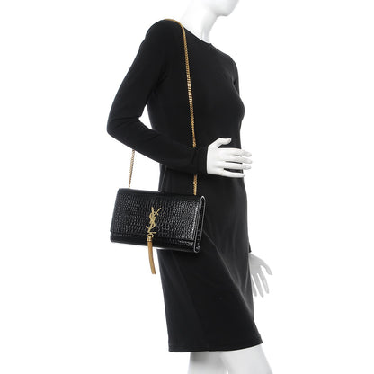 Saint Laurent Calfskin Crocodile Embossed Medium Classic Monogram Kate Tassel Satchel Black 2 of 9
