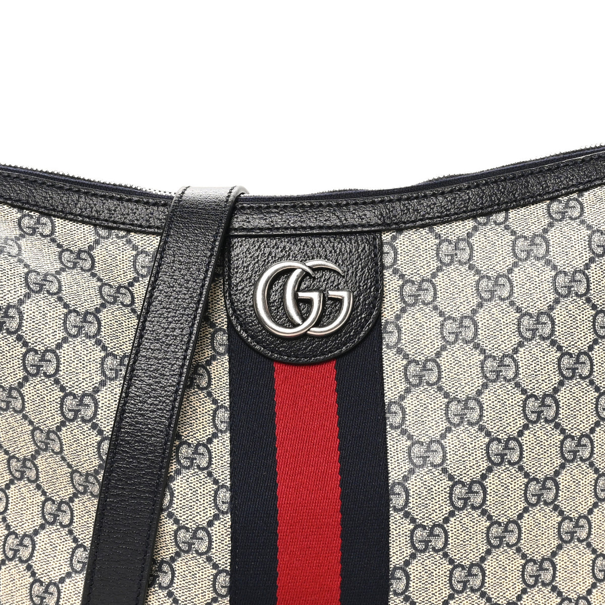 GG Supreme Monogram Textured Dollar Calfskin Web Small Ophidia Half Moon Hobo Beige Blue