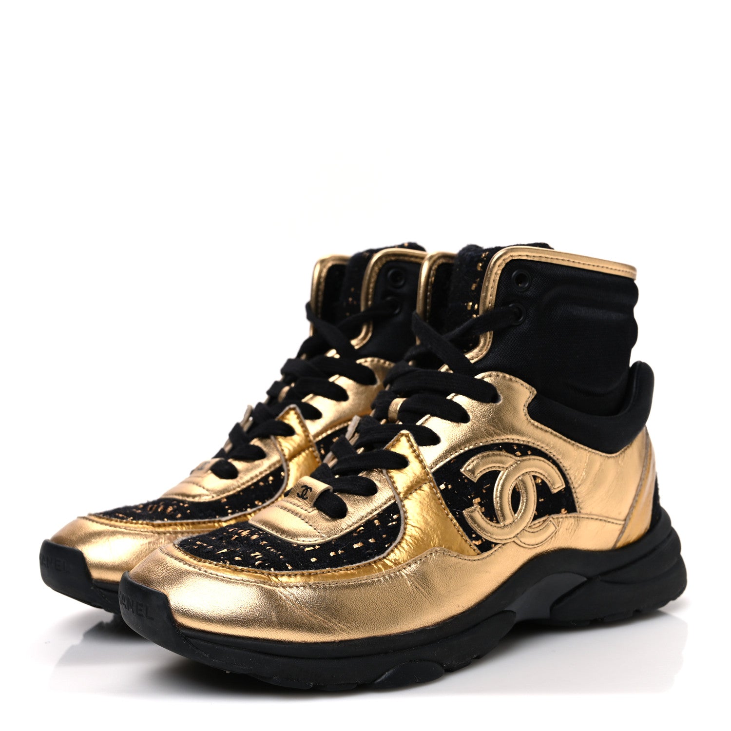 Chanel Satin Lambskin Fabric Tweed CC High Top Sneakers 38  Black Gold 4 of 9
