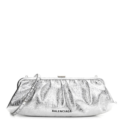 Balenciaga Metallic Textured Calfskin Logo XL Cloud Clutch Silver 1 of 10