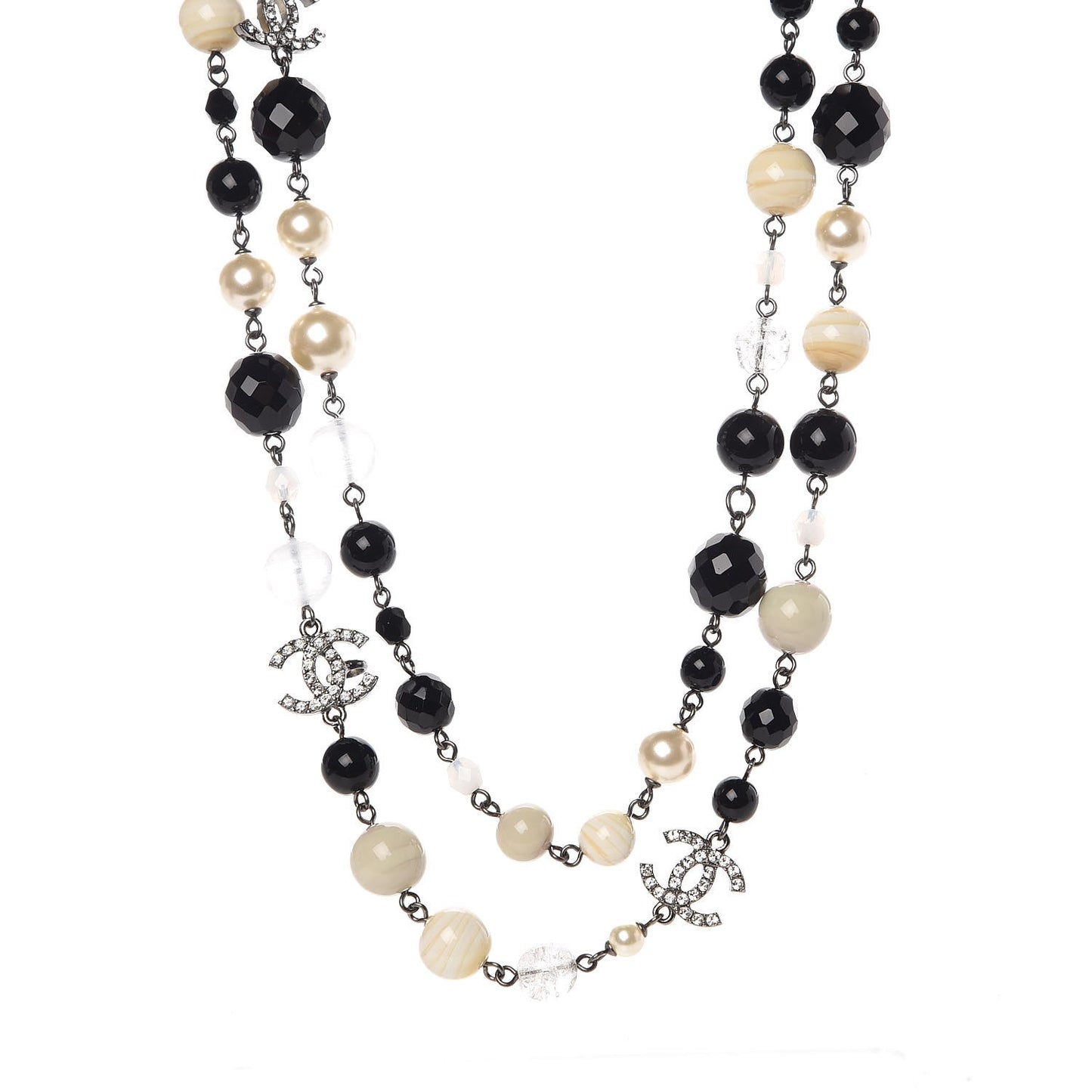 Pearl Crystal Bead CC Long Necklace Black Silver