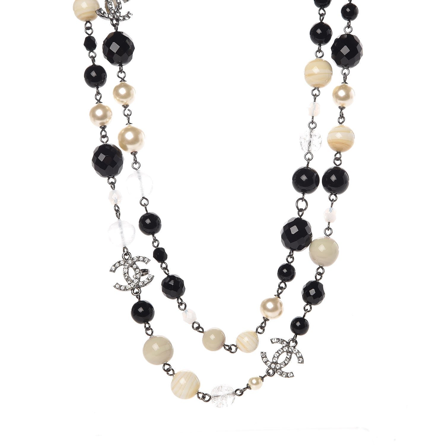 Chanel Pearl Crystal Bead CC Long Necklace Black Silver 1 of 5