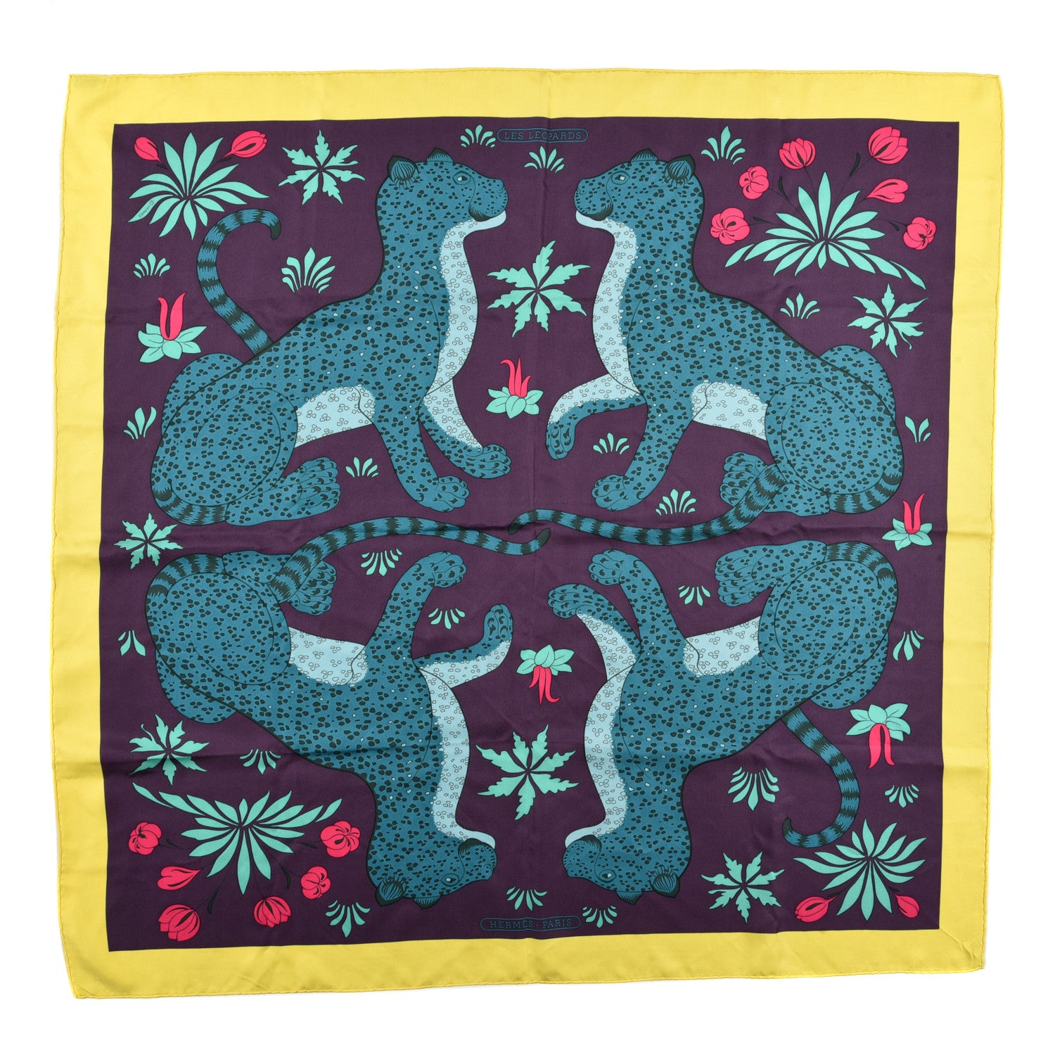 Hermes Silk Les Leopards Scarf 90 Jaune Vif Marine Canard 1 of 5