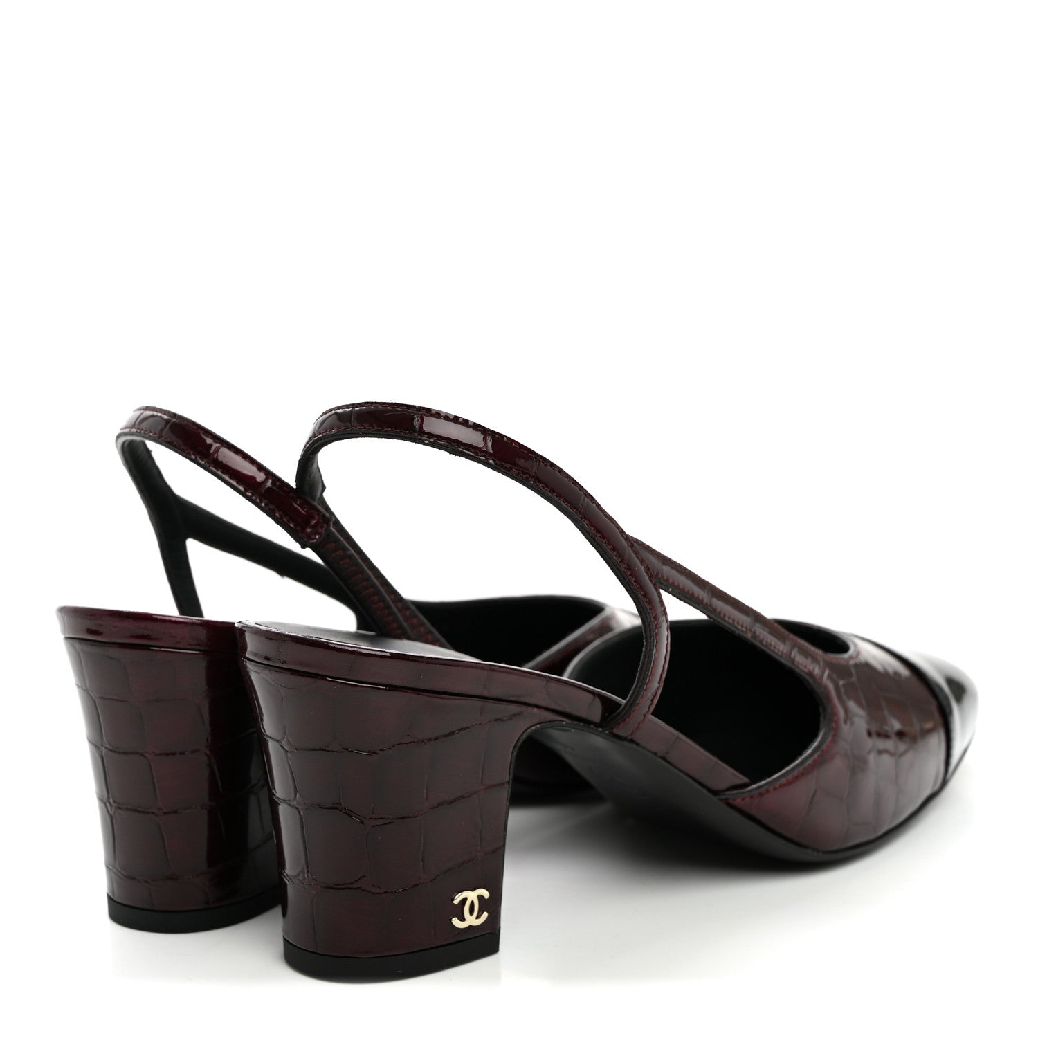 Chanel Patent Calfskin Crocodile Embossed Cap Toe CC Slingback Pumps 41 Dark Burgundy Black 4 of 10