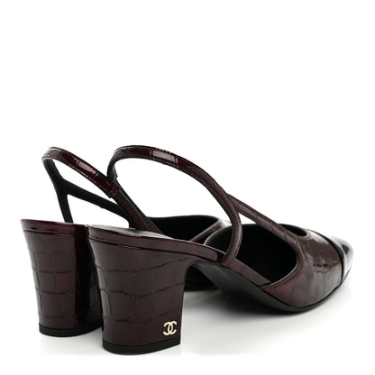 Chanel Patent Calfskin Crocodile Embossed Cap Toe CC Slingback Pumps 41 Dark Burgundy Black 4 of 10