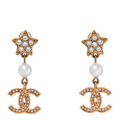 Chanel Crystal Pearl CC Star Drop Earrings Gold 1 of 4