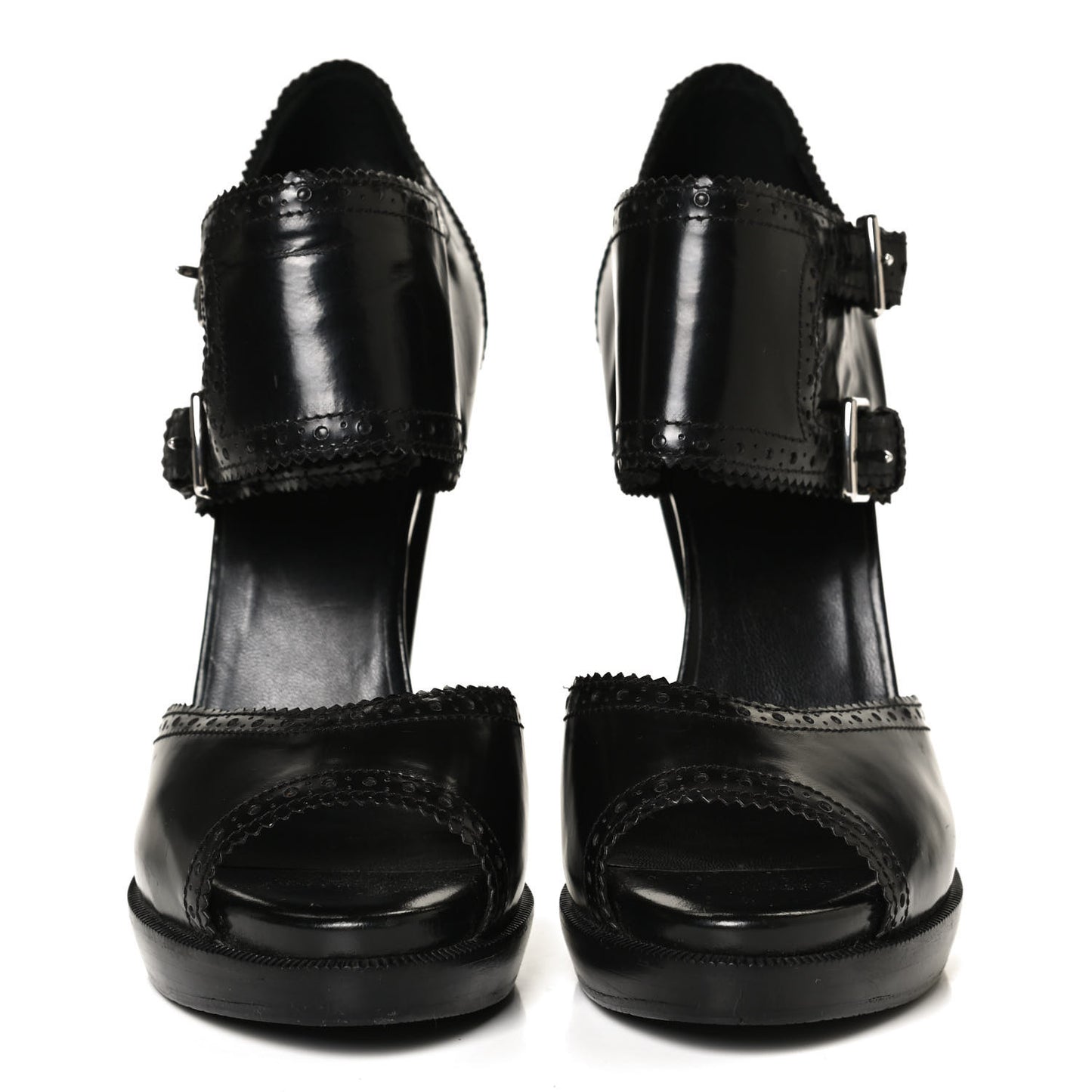 Glazed Calfskin Brogue Open Toe Pumps 39.5 Black