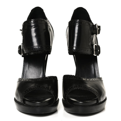 Hermes Glazed Calfskin Brogue Open Toe Pumps 39.5 Black 2 of 9