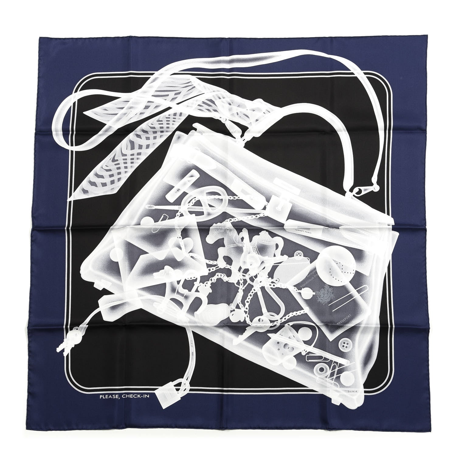 Hermes Silk Please Check In Scarf 90 Marine Black White 1 of 4