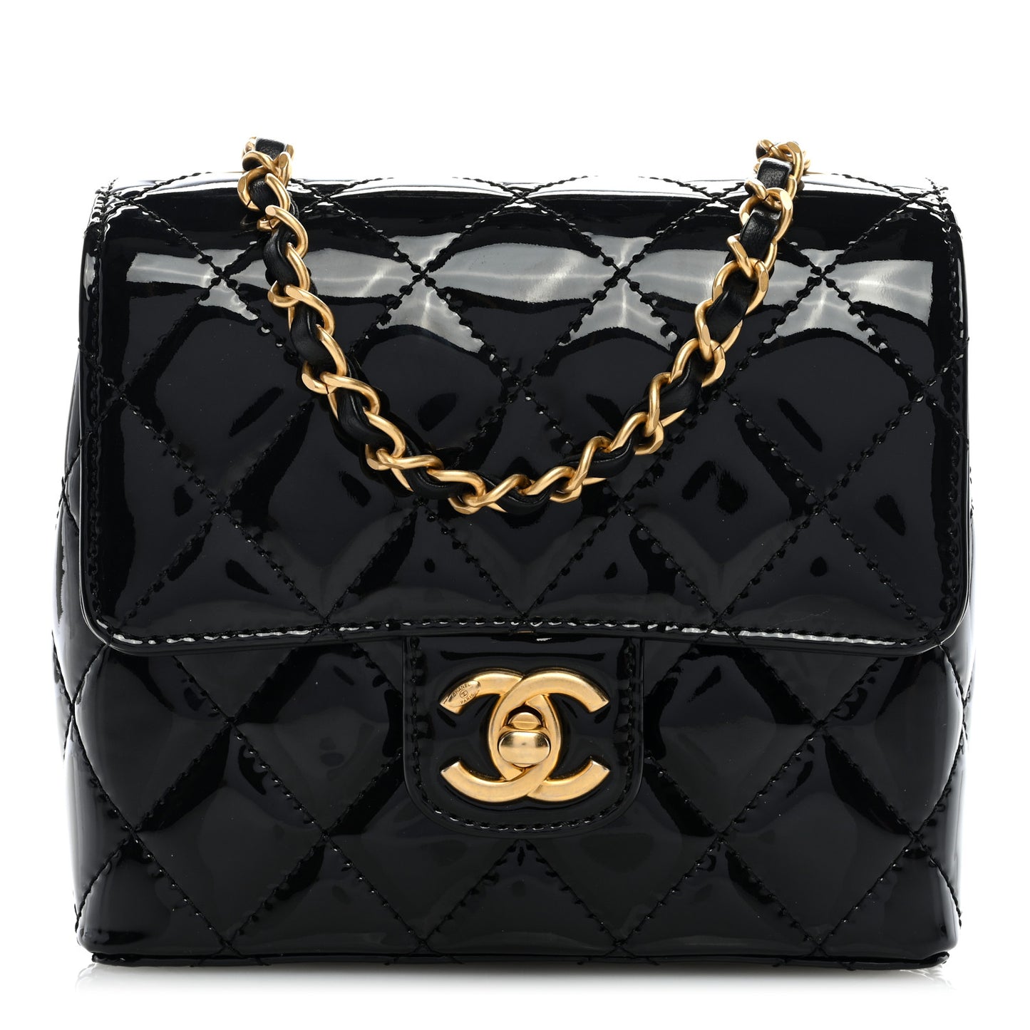 Patent Calfskin Quilted Mini Square Flap Black