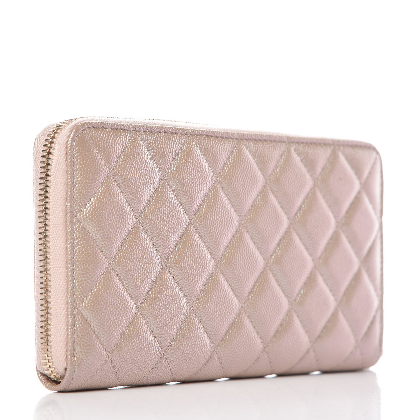 Iridescent Caviar Quilted Long Zip Around Wallet Beige