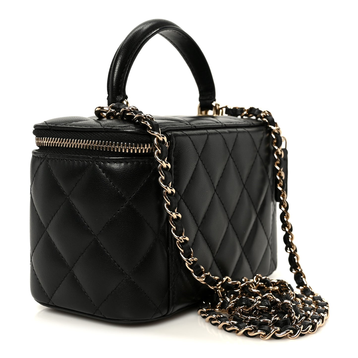 Lambskin Quilted Small Top Handle Vanity Case With Chain Black