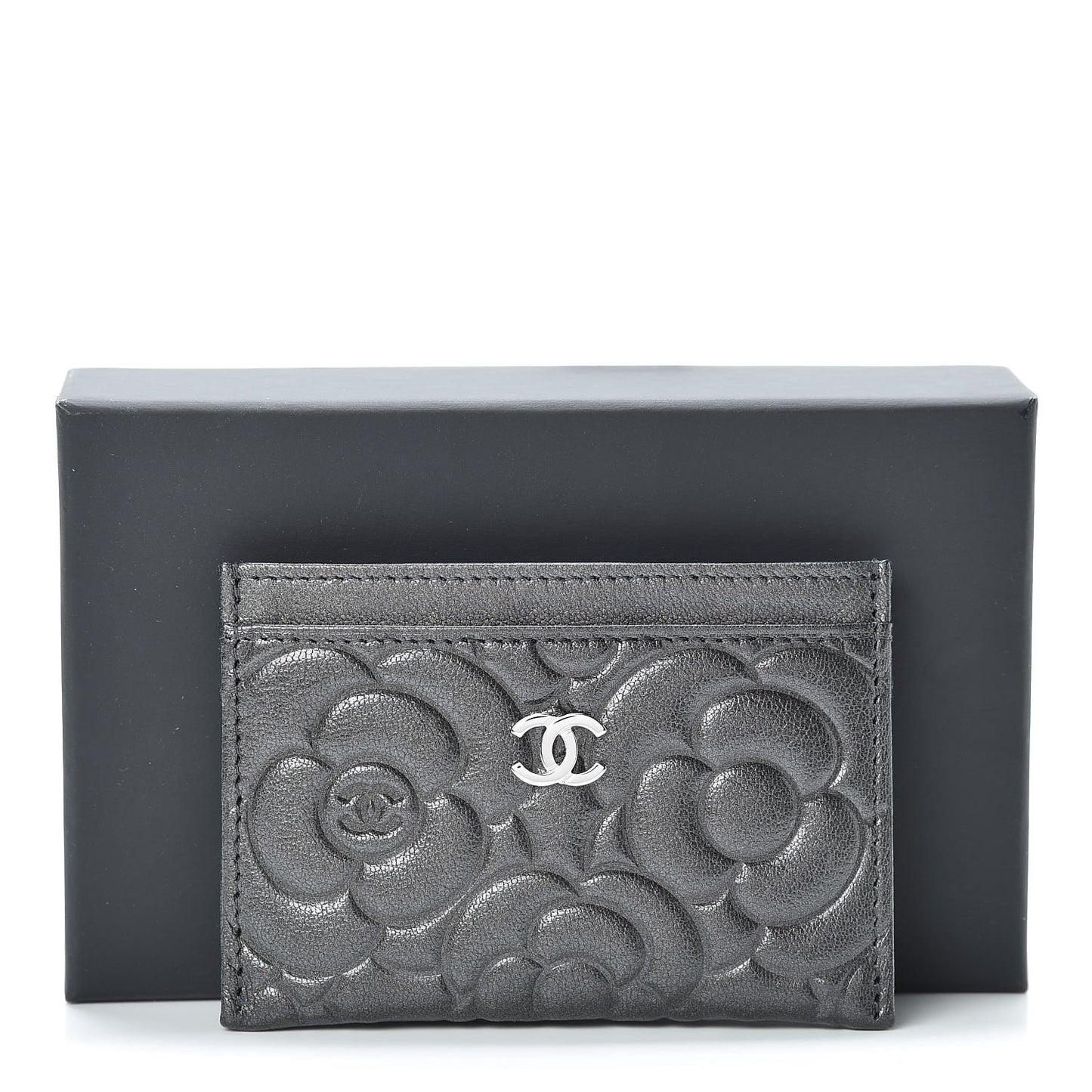 Goatskin Camellia Embossed Card Holder Anthracite