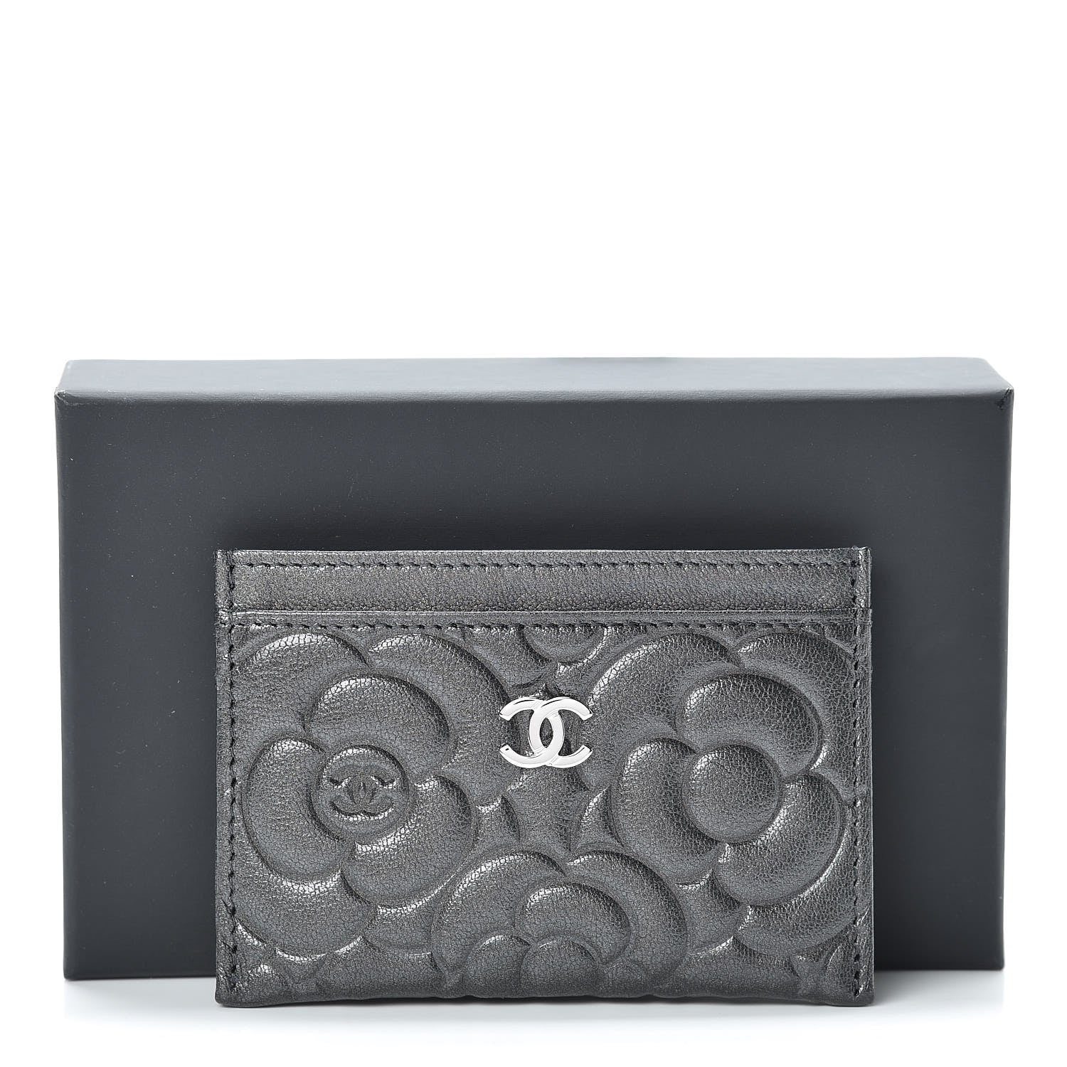 Chanel Goatskin Camellia Embossed Card Holder Anthracite 9 of 9