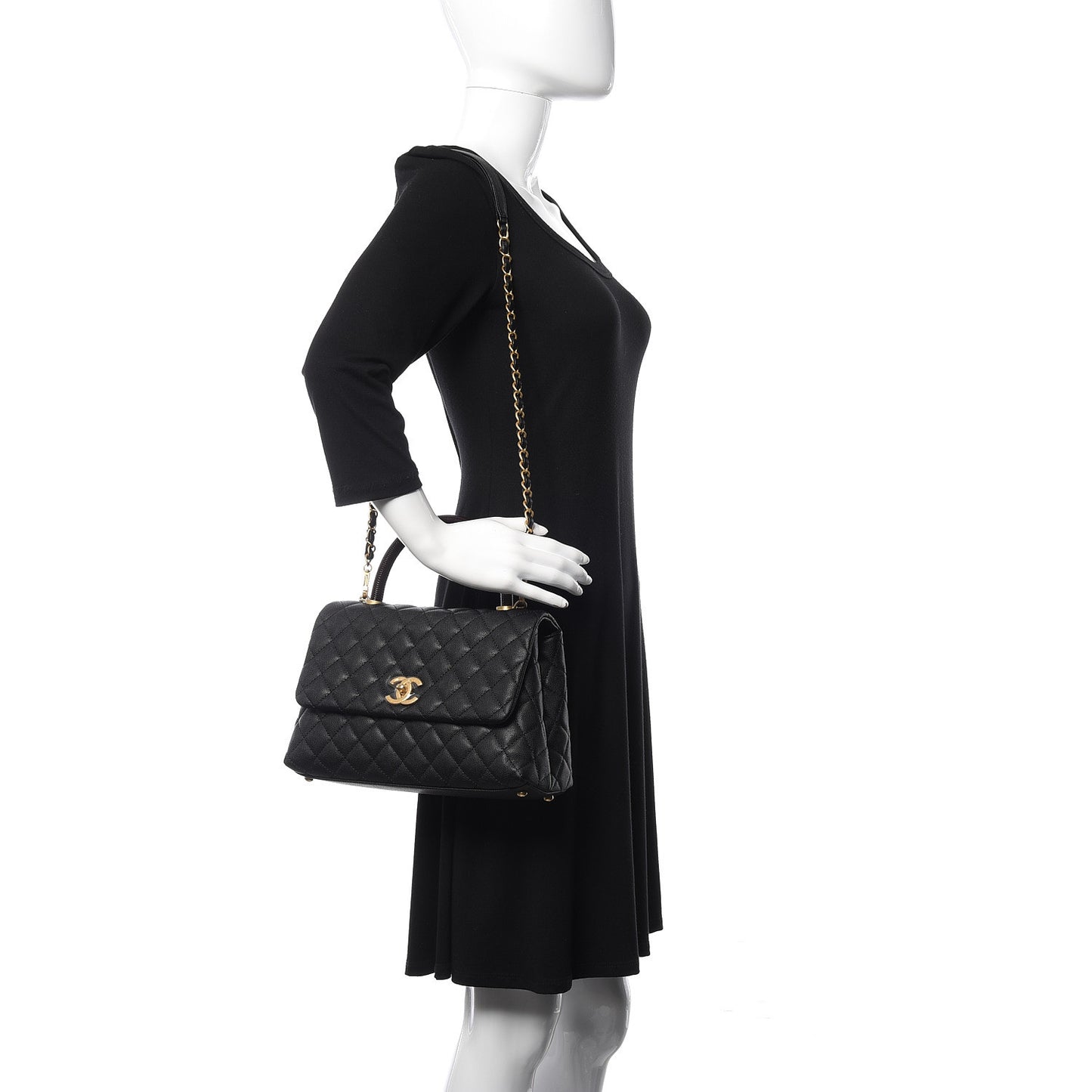 Caviar Lizard Embossed Quilted Small Coco Handle Flap Black